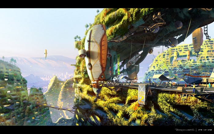 Futuristic city on green hills with airships