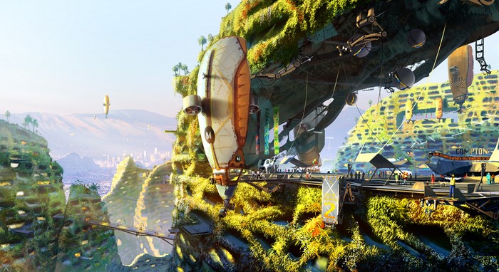 Futuristic city with airships and vertical farms
