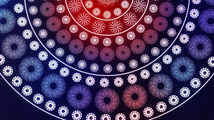 Abstract mandala pattern with red, blue, and purple gradient