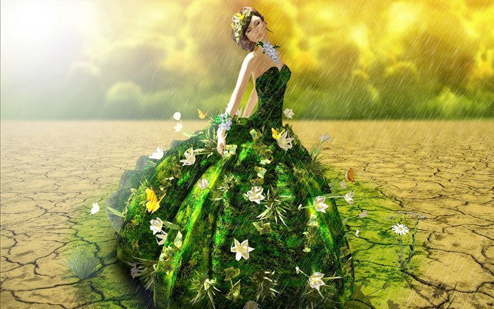 Fantasy woman in a green dress with flowers and butterflies