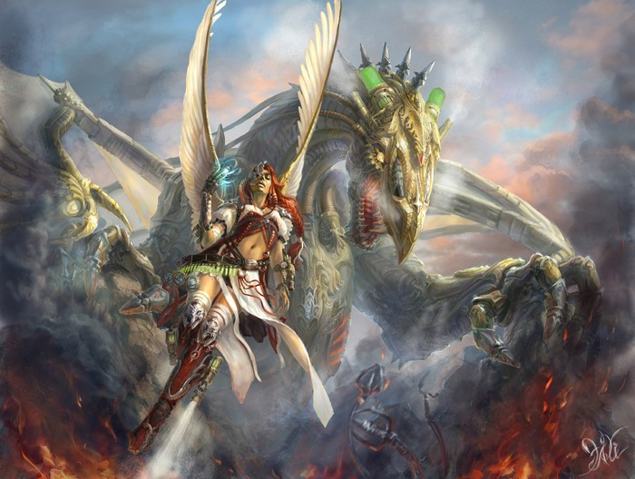 Woman with wings and a dragon