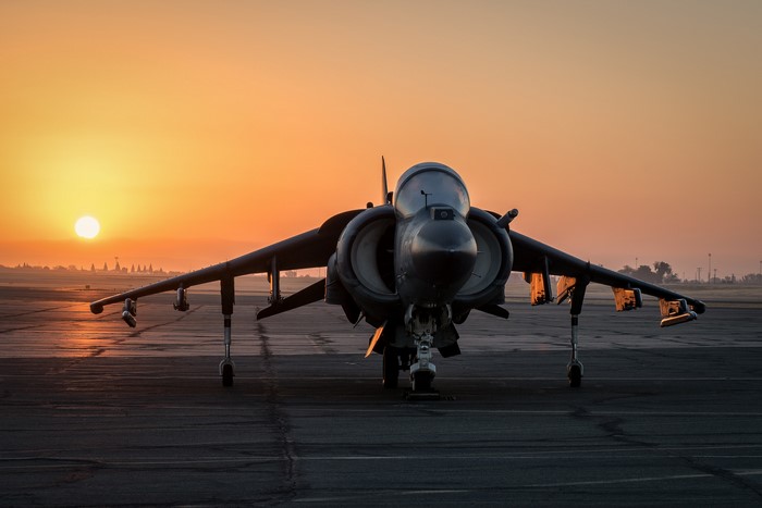 McDonnell Douglas AV-8B Harrier II Jet Fighter at Sunset