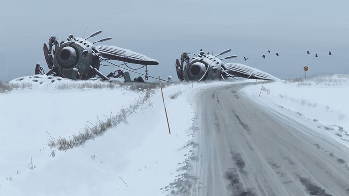 Abandoned Sci-Fi Machines on Snowy Road