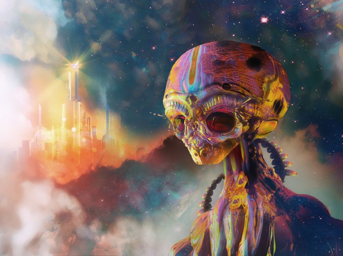 Alien in a colorful, cosmic landscape with a futuristic city