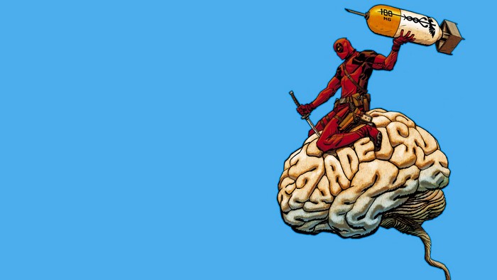 Deadpool sitting on a brain holding a bomb