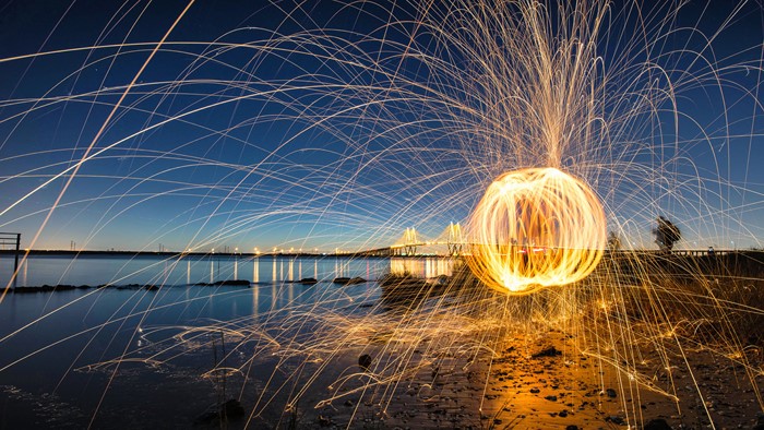 Steel Wool Photography with Bridge at Night