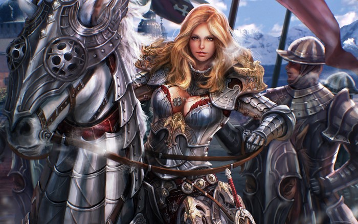 Female knight on horseback with soldiers