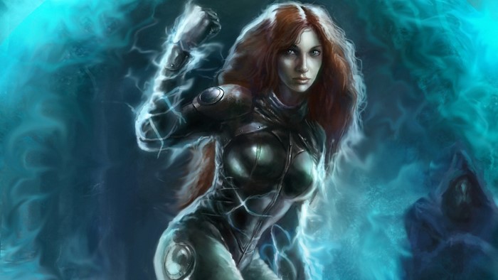 Redhead warrior woman with lightning powers