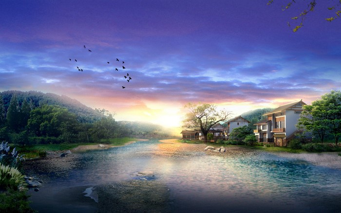 River landscape with houses and birds at sunset