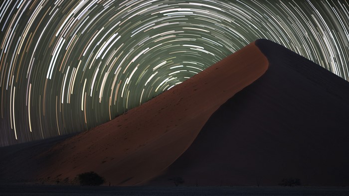 Star Trails Over Namibian Desert Dune