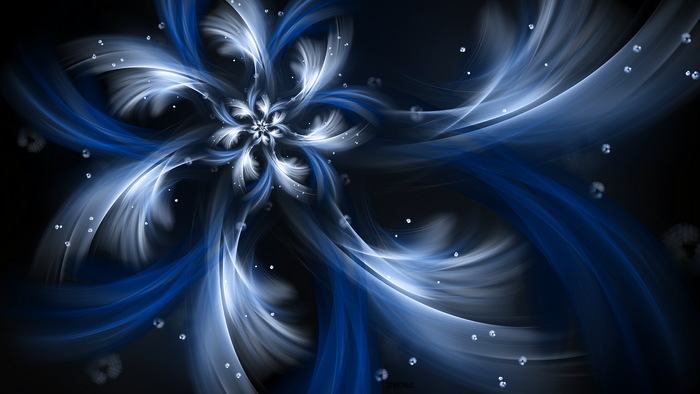 Abstract Blue and White Fractal Flower with Bubbles