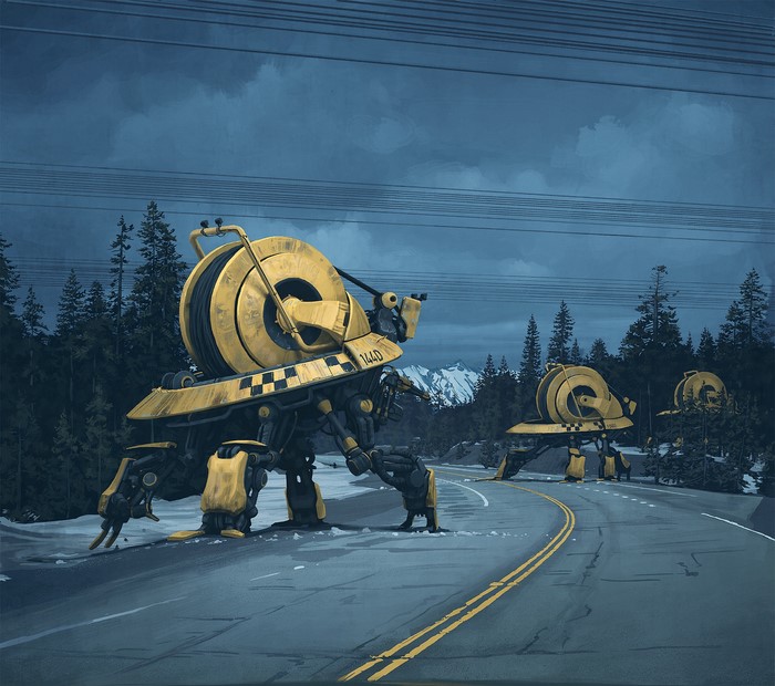 Futuristic robots on a snowy road