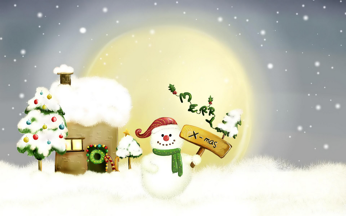 Christmas scene with snowman, house, and trees