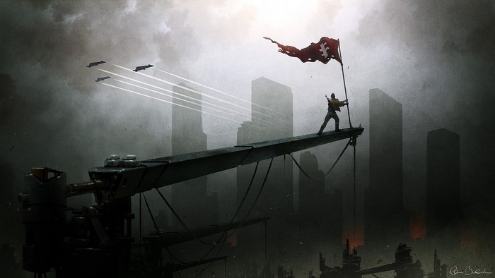 Warrior with Flag on Crane in Sci-Fi City