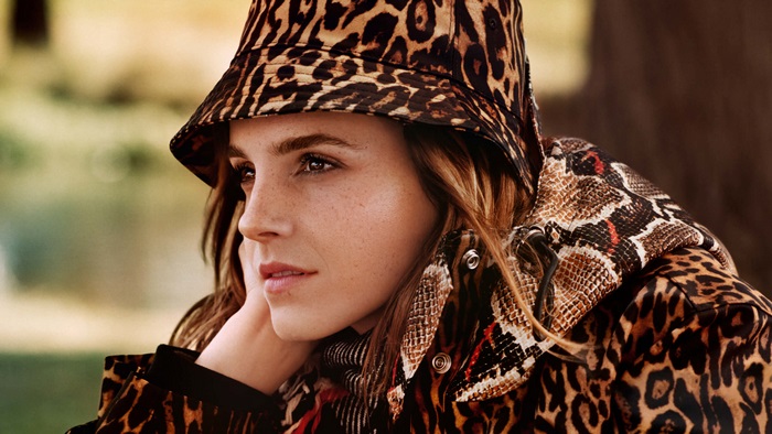 Emma Watson in a leopard print bucket hat and jacket