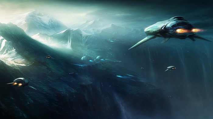 Sci Fi Ships Flying Over Alien Mountains