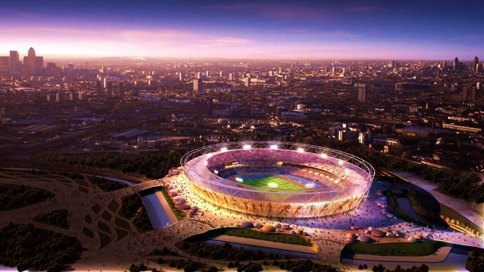 Olympic Stadium in London at sunset