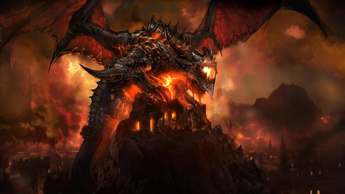 Dragon over a fiery castle