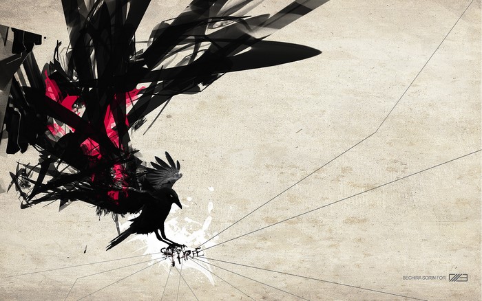 Abstract Black and Red Shapes with a Crow
