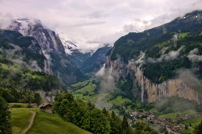 Lauterbrunnen Valley, Switzerland with Waterfalls and Village