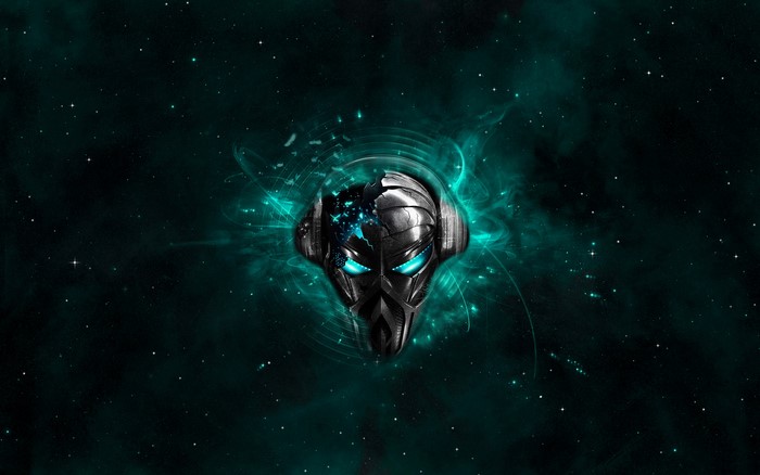 Robot Head with Blue Eyes in Space