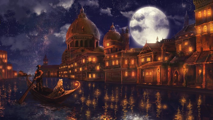 Gondola on a river at night with a full moon