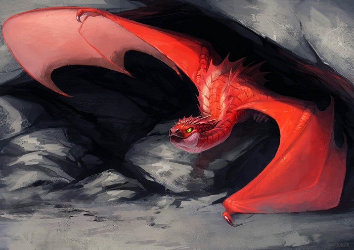 Red Dragon Emerging from a Cave