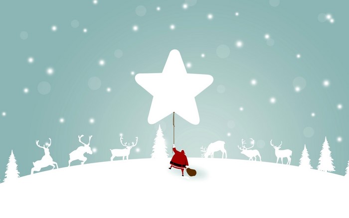 Santa Claus holding a star with reindeer and trees