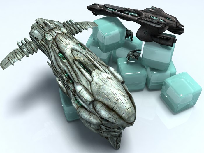 Two spaceships and drones on ice cubes
