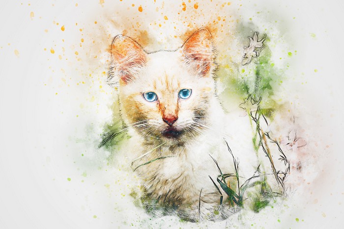 Watercolor painting of a Siamese kitten with blue eyes