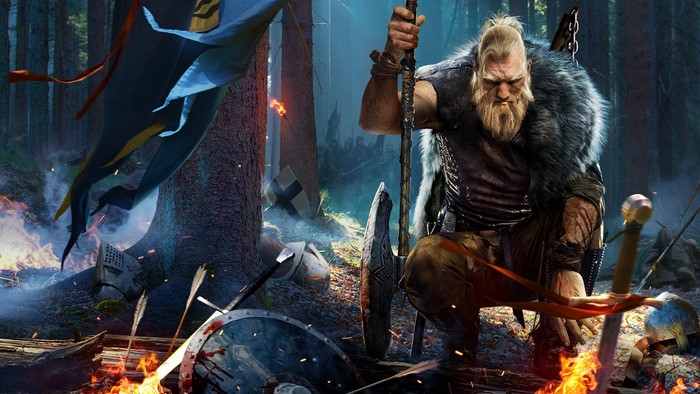 Viking Warrior Kneeling Amidst Battle Debris