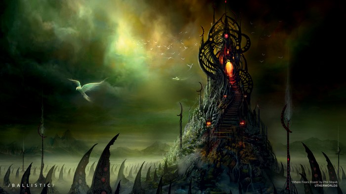 Fantasy tower with stairs and birds in a dark sky