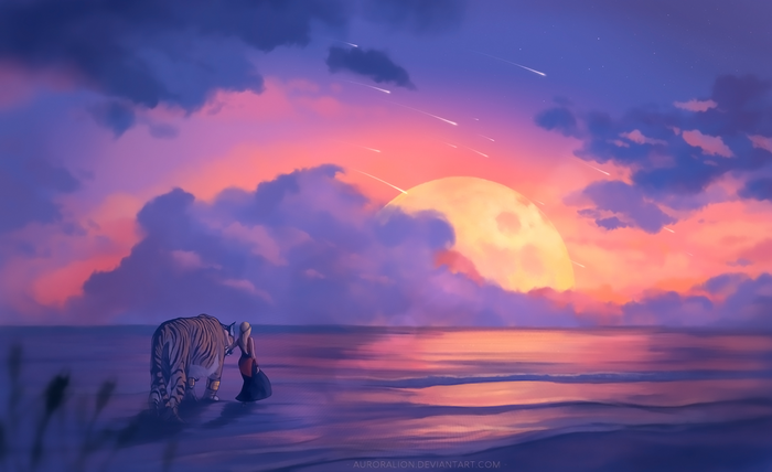 Girl and Tiger by the Ocean Under a Sunset Sky with Comets