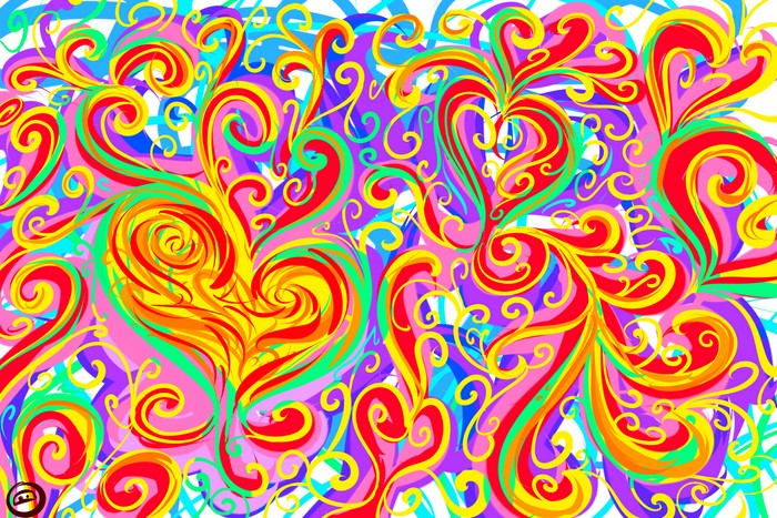 Abstract colorful heart shapes with swirling patterns