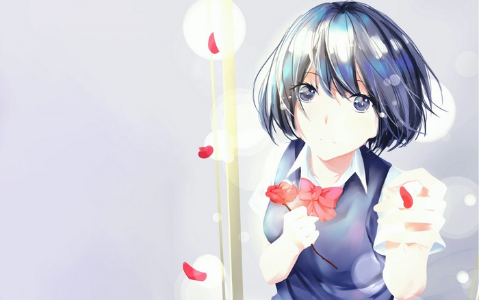 Girl with short blue hair holding a red flower