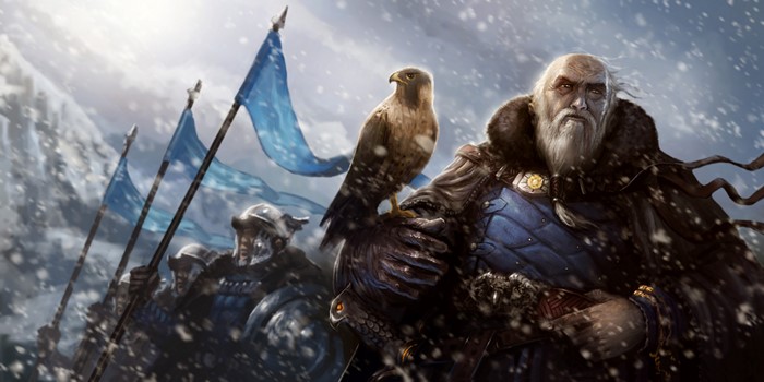 Warrior with falcon and soldiers in snowfall