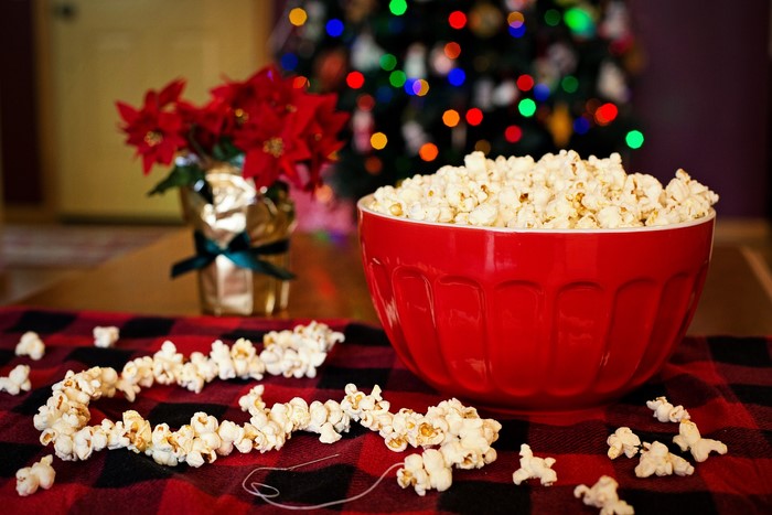 Popcorn and poinsettias with Christmas tree