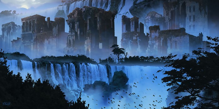 Ruined city with waterfalls and birds