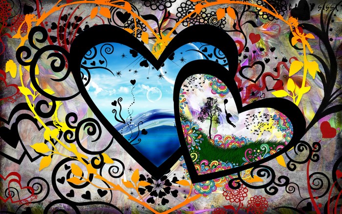 Abstract Colorful Hearts with Nature Scenes