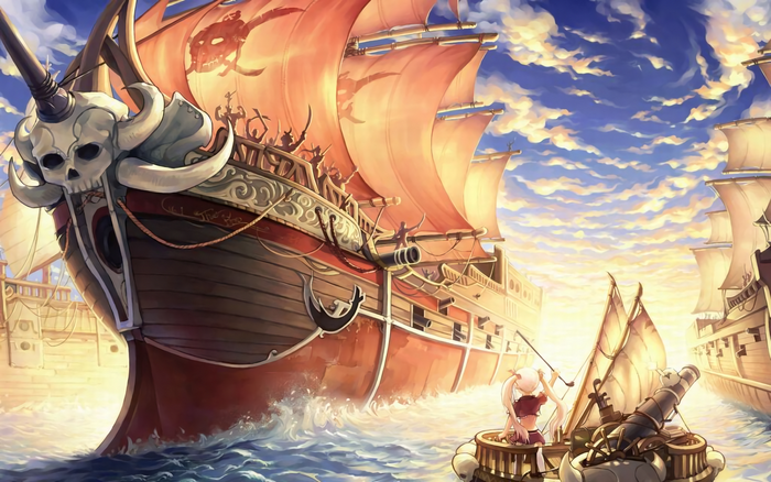 Pirate ships with skull figurehead and red sails