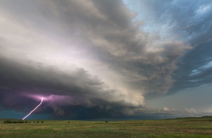 Lightning strikes a stormy sky over a grassy plain
