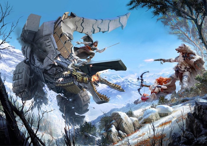 Aloy and Erend fight a Thunderjaw in Horizon Zero Dawn