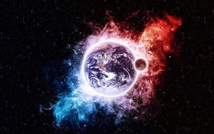 Earth and Moon in Space with Cosmic Nebula