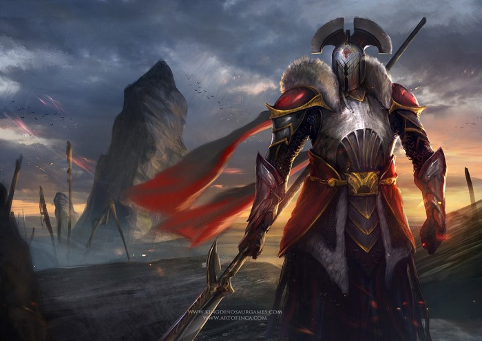 Warrior in ornate armor holding a spear in a desolate landscape