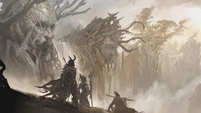 Warriors in a mystical forest with giant trees