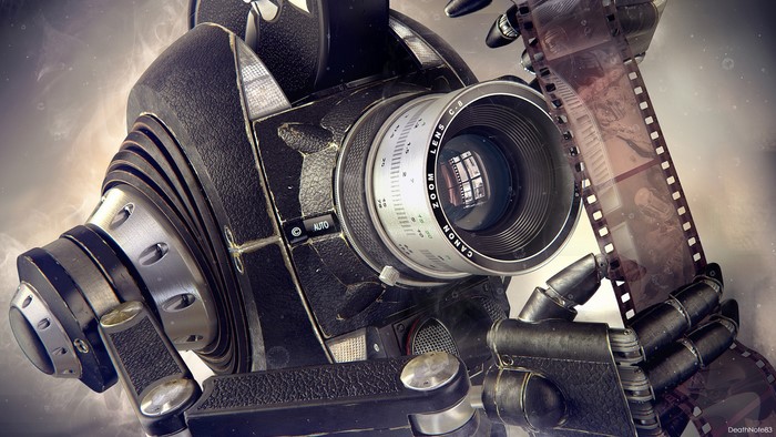 Robot holding film reel with vintage camera