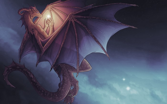 Dragon holding a glowing star in the night sky