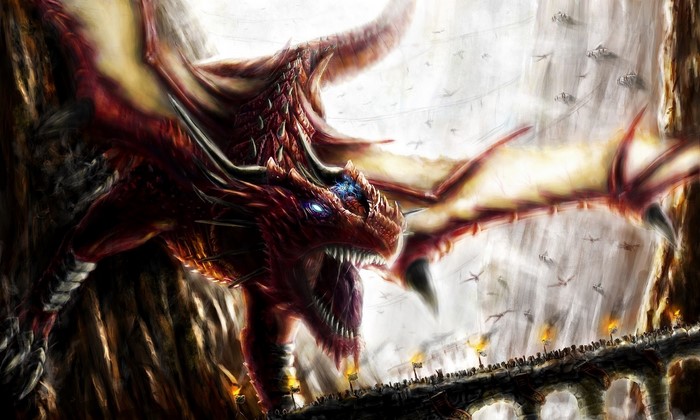 Red Dragon flying over a bridge with a city in the background