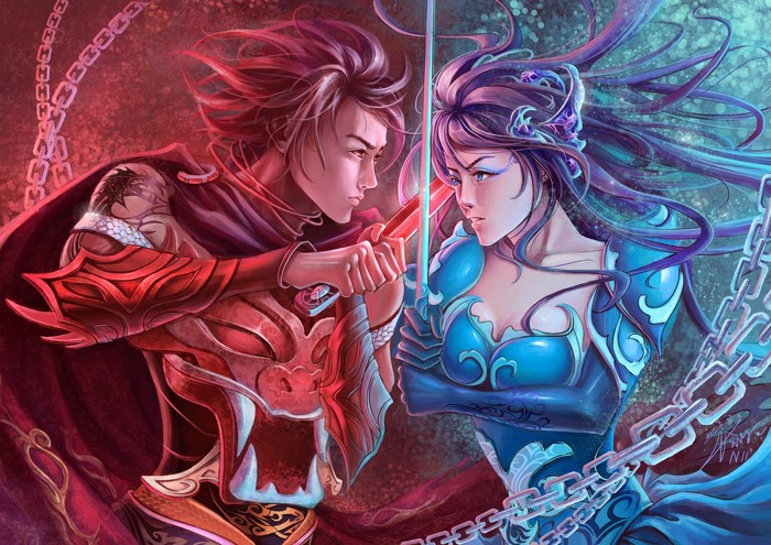 Fantasy warriors with swords facing each other
