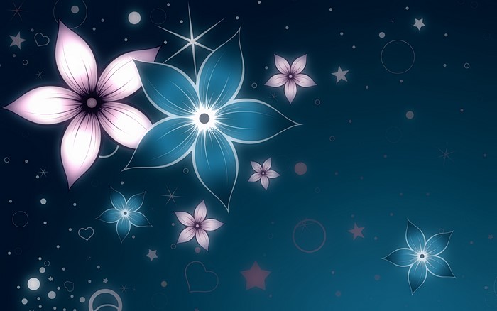 Abstract glowing flowers and stars on dark blue background